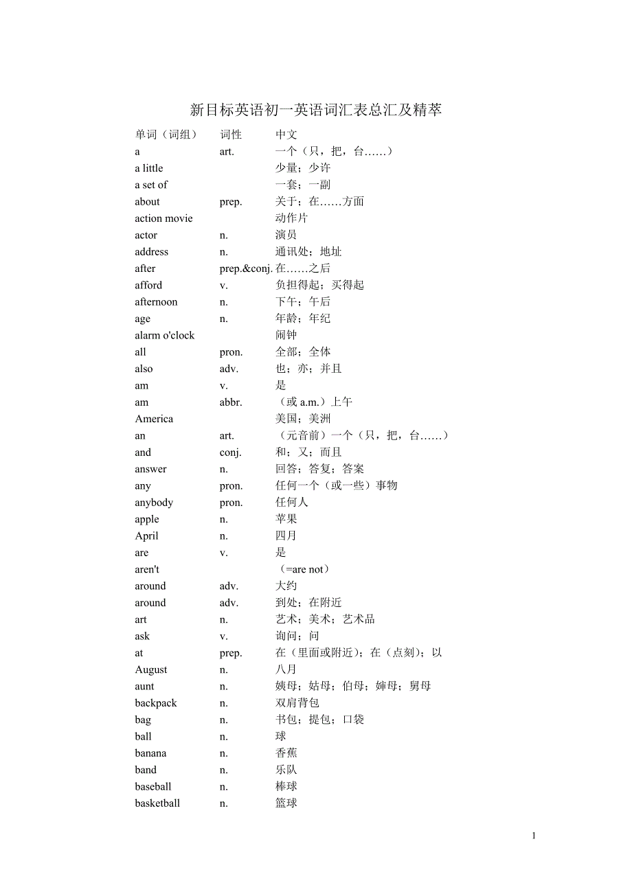 新目标英语初一英语词汇表总汇及精萃_第1页