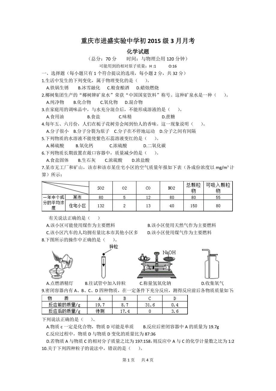 重庆市进盛实验中学初三下期第三次月考化学试题_第1页