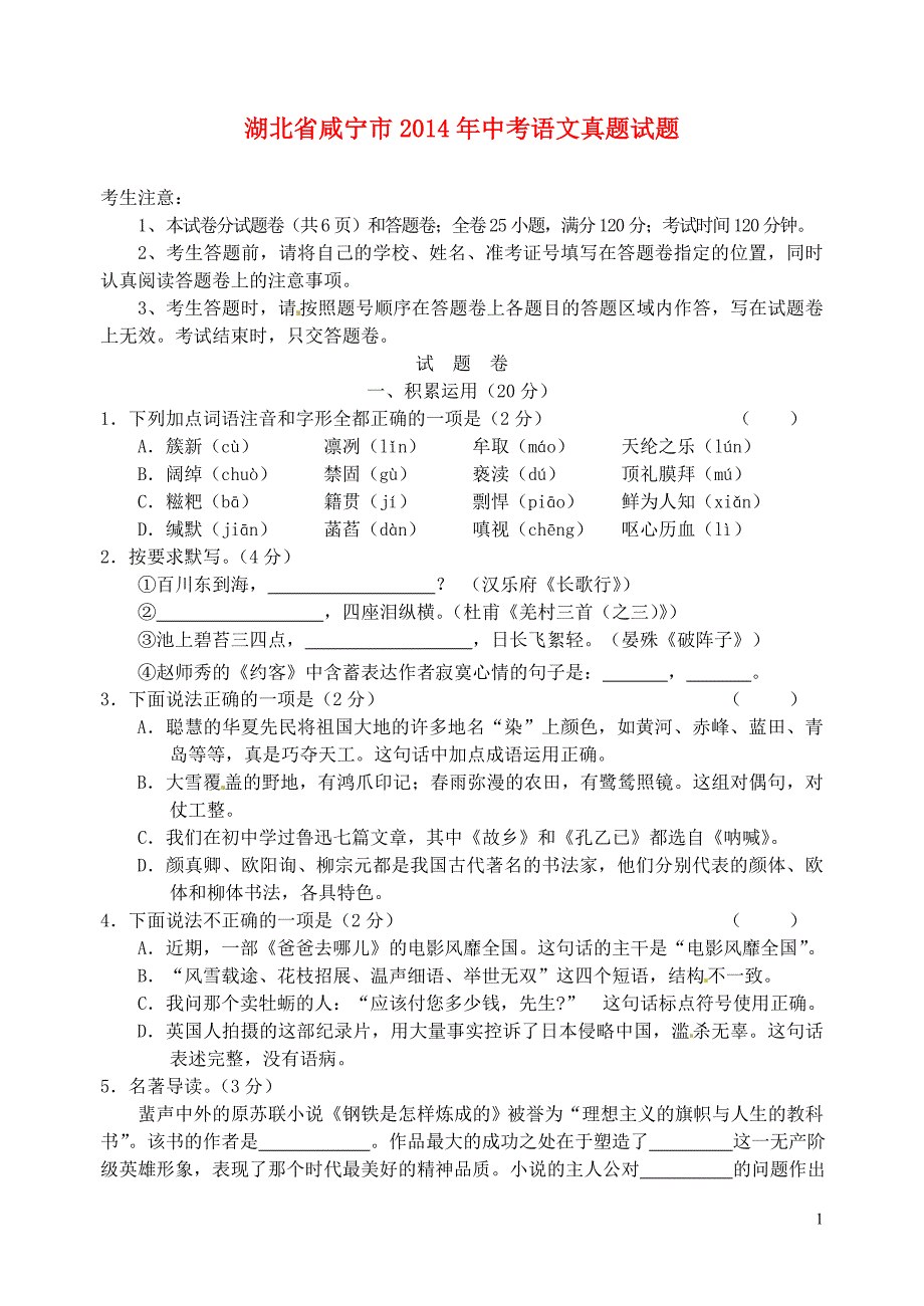 2014咸宁中考语文真题(含答案)_第1页