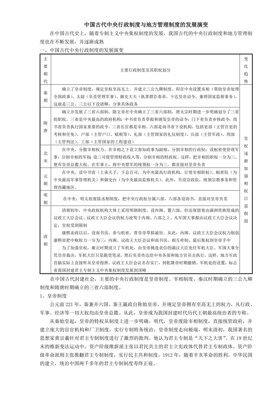 中国古代史政治部分基础知识专题(四)·中国古代中央行政制度与地方管理制度的发展演变_第1页