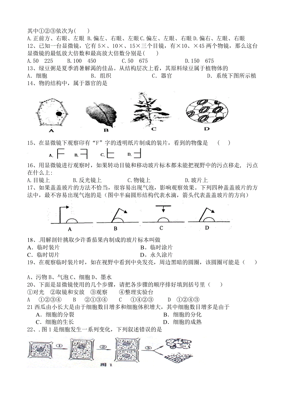 中考生物专题训练二 生命的结构层次_第2页