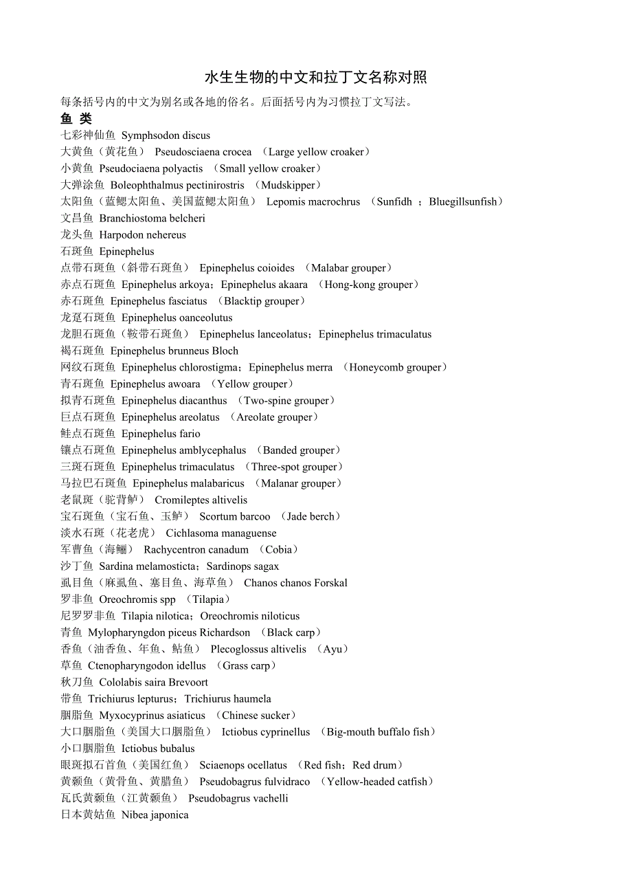 水生生物的中文和拉丁文名称对照_第1页