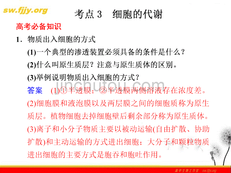 《金牌学案》2012届高考生物二轮专题复习课件：考前冲刺 专题四 考点3 细胞的代谢_第1页