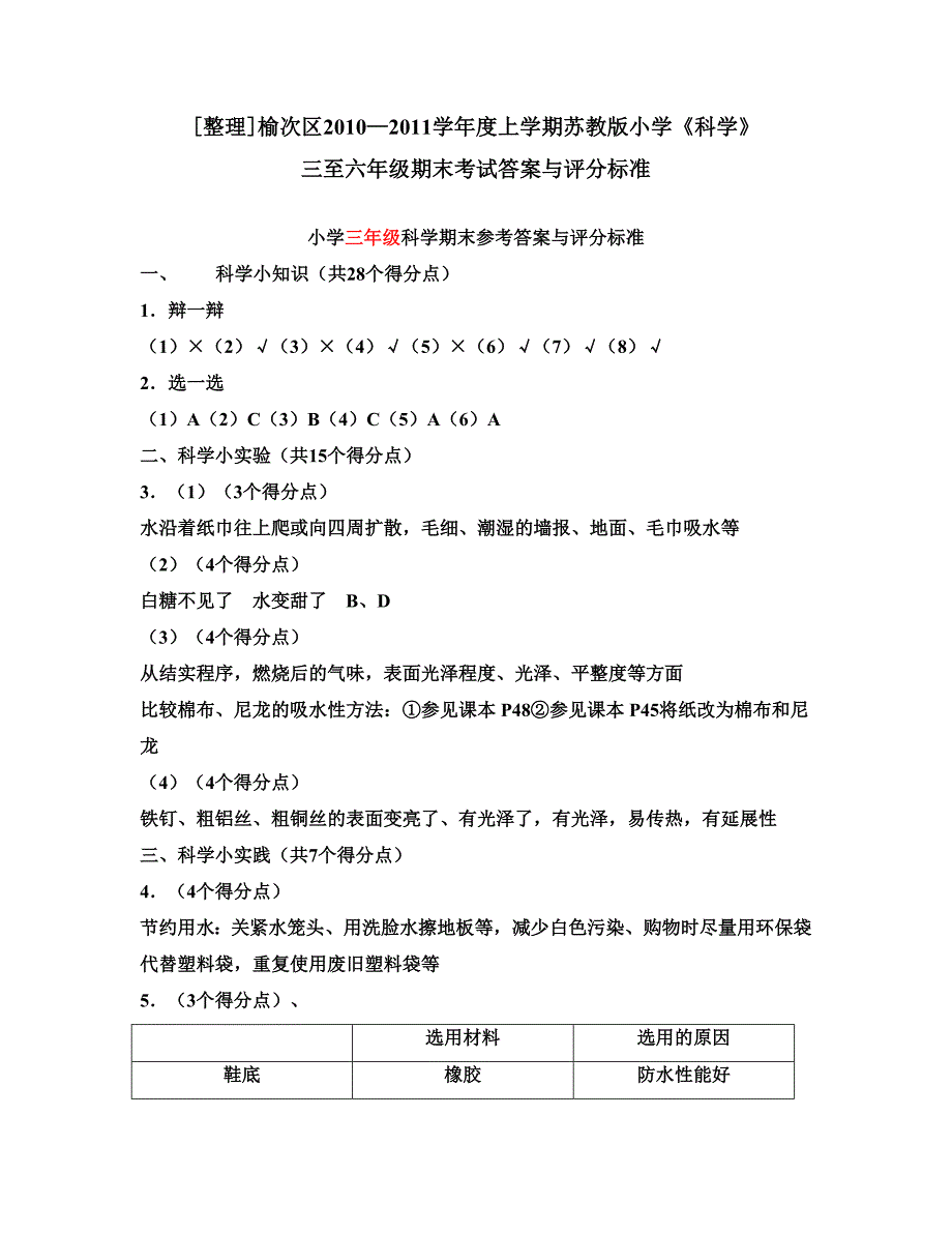 小学科学三至六年级期末考试答案与评分标准_第1页