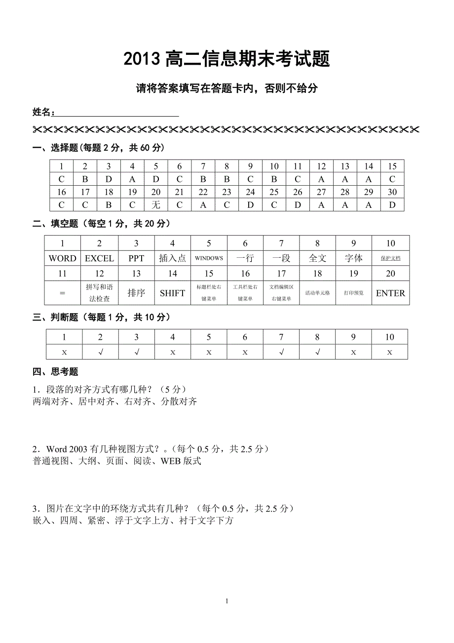 2013秋高二信息期末考试题(答案)_第1页