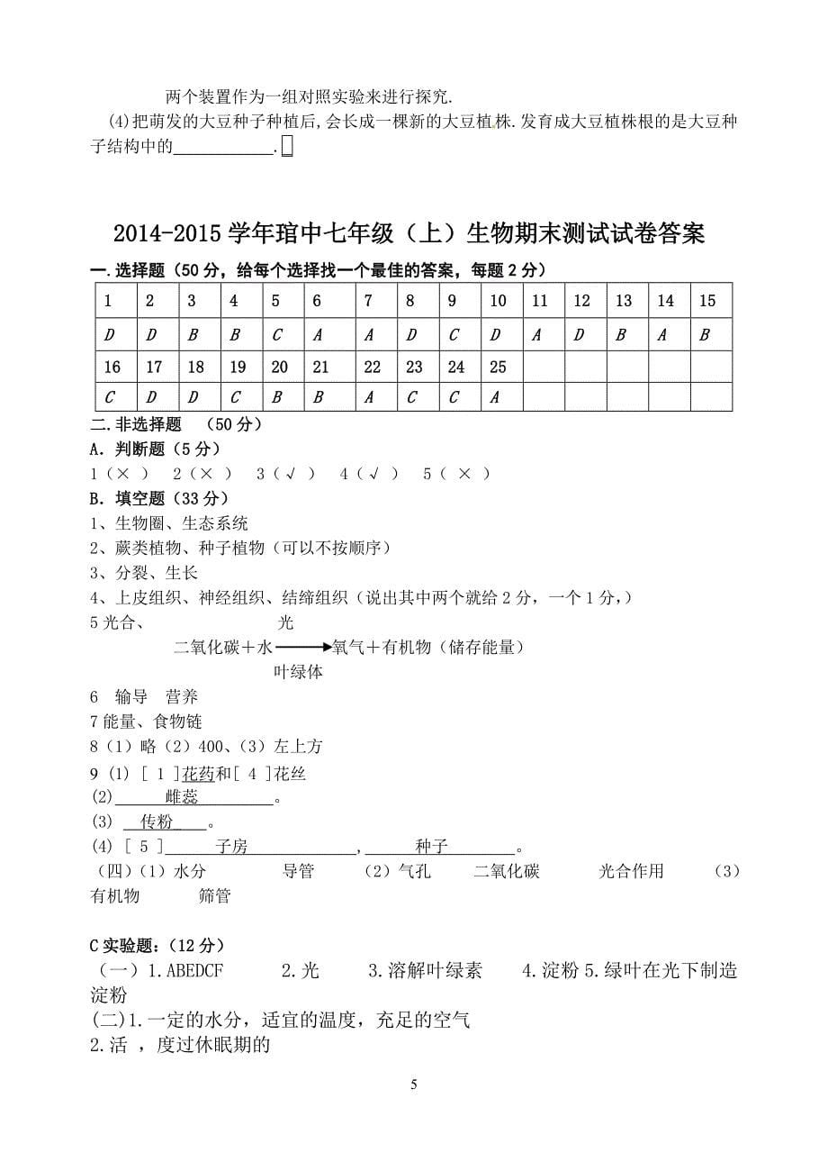 2014--2015学年七年级生物上学期期末考试试卷_第5页