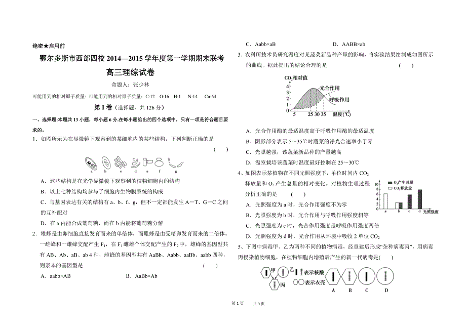 2014-2015西四旗高三理综试题_第1页