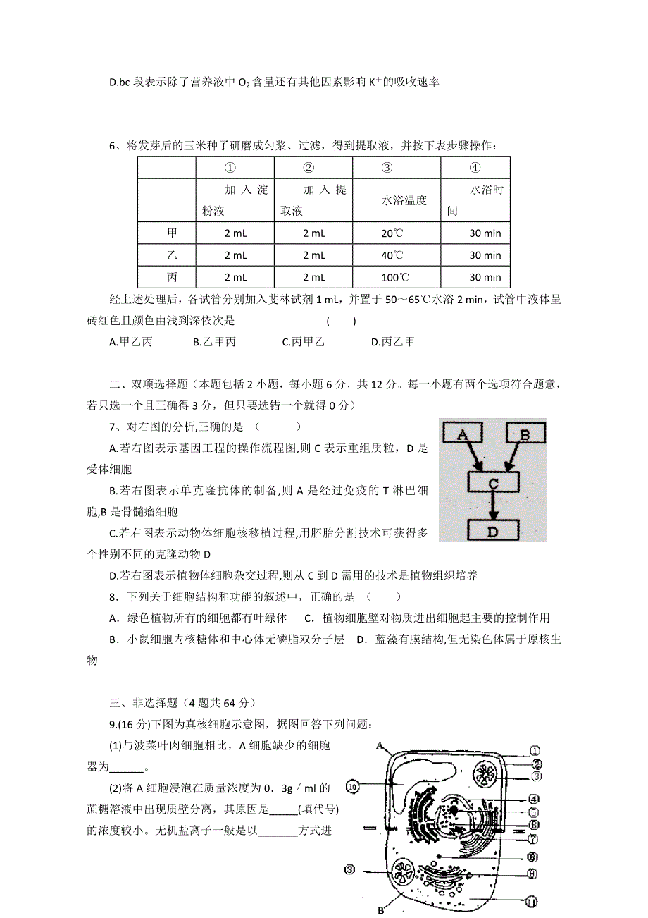 广东省佛山市西樵高中2014届高三8月月考生物试题 含答案_第2页