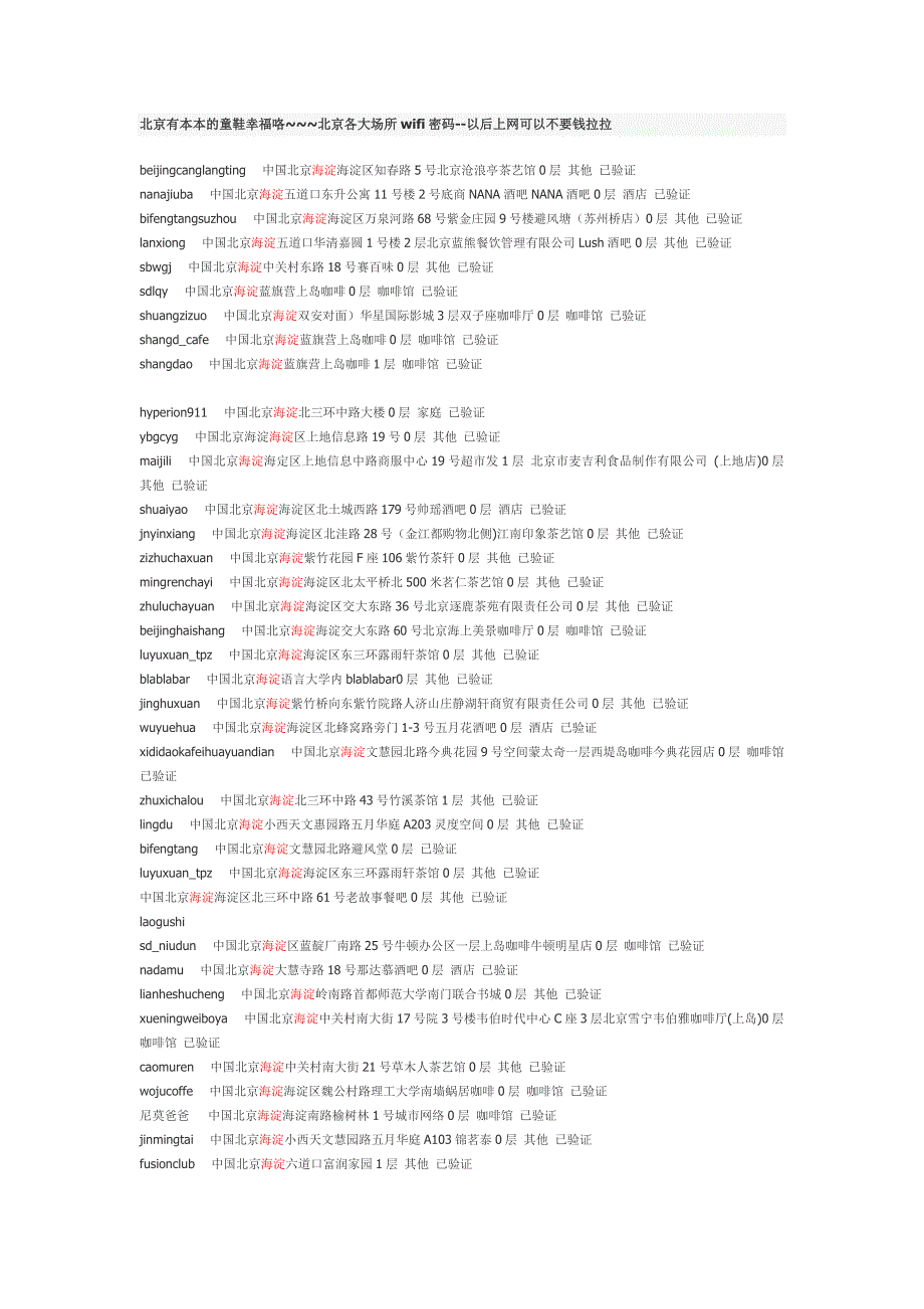 北京各大场所wifi密码_第1页