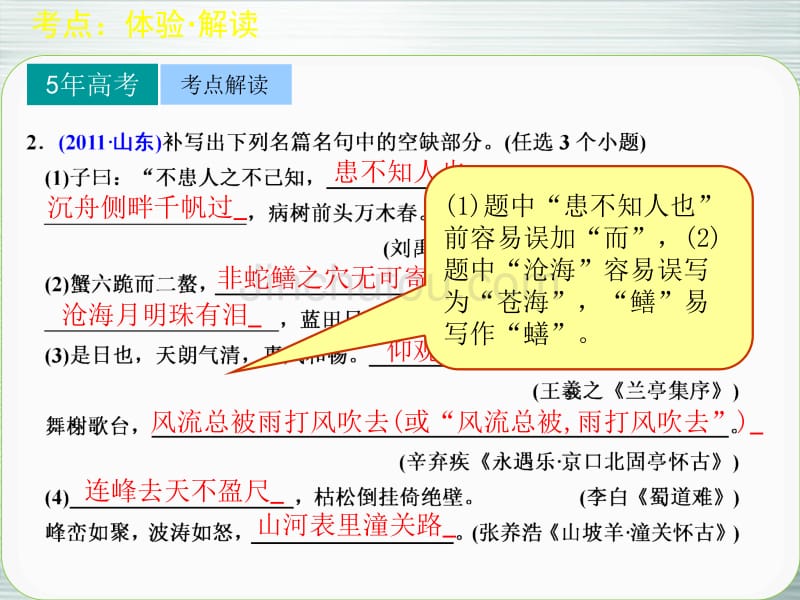 【步步高】山东省2014高考语文大一轮复习讲义 古代诗文阅读 第三章 名句名篇的识记与默写课件 鲁人版_第3页