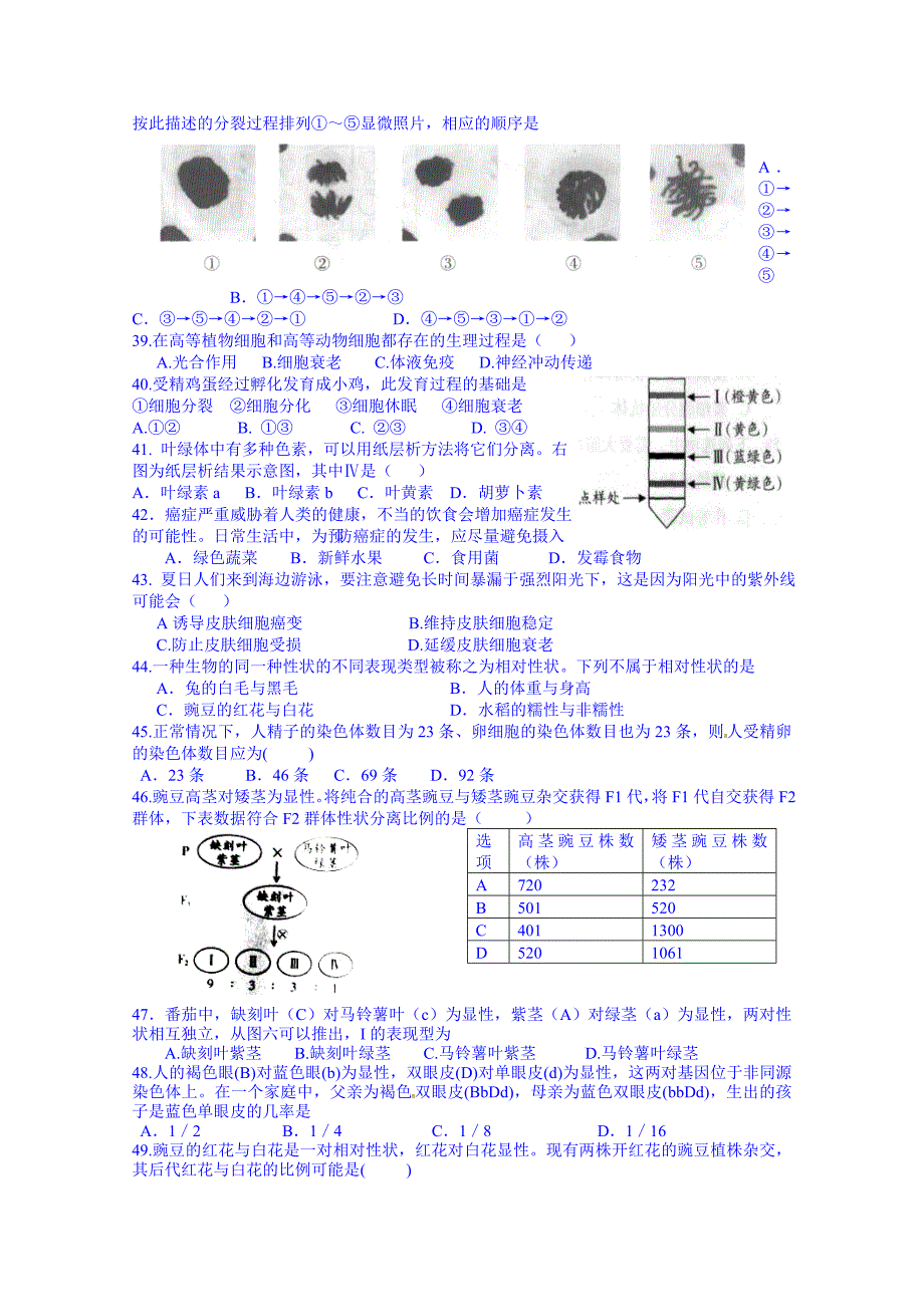 广东省乳源高级中学2014-2015学年高一下学期期中考试生物（文）试题 含答案_第3页