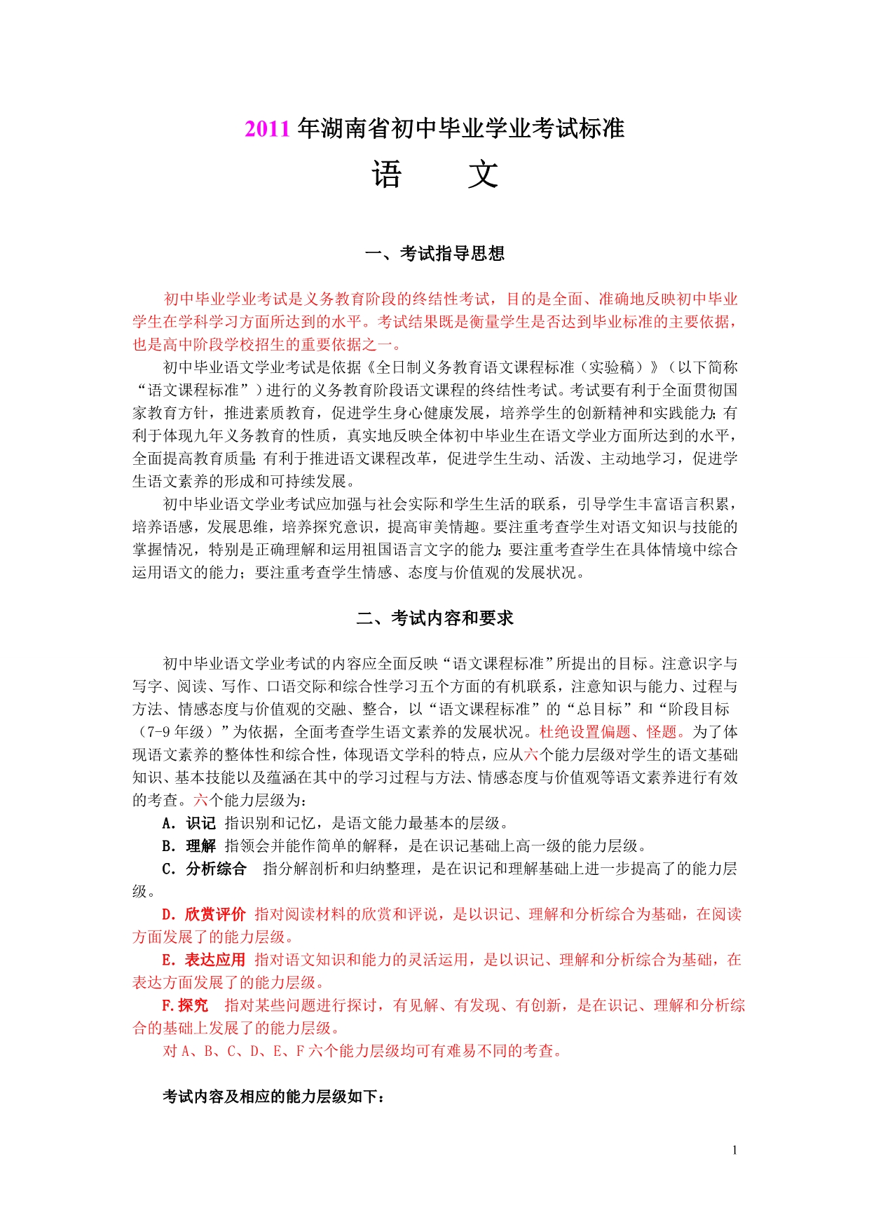 2011年湖南省初中毕业学业考试标准10.25正稿_第1页
