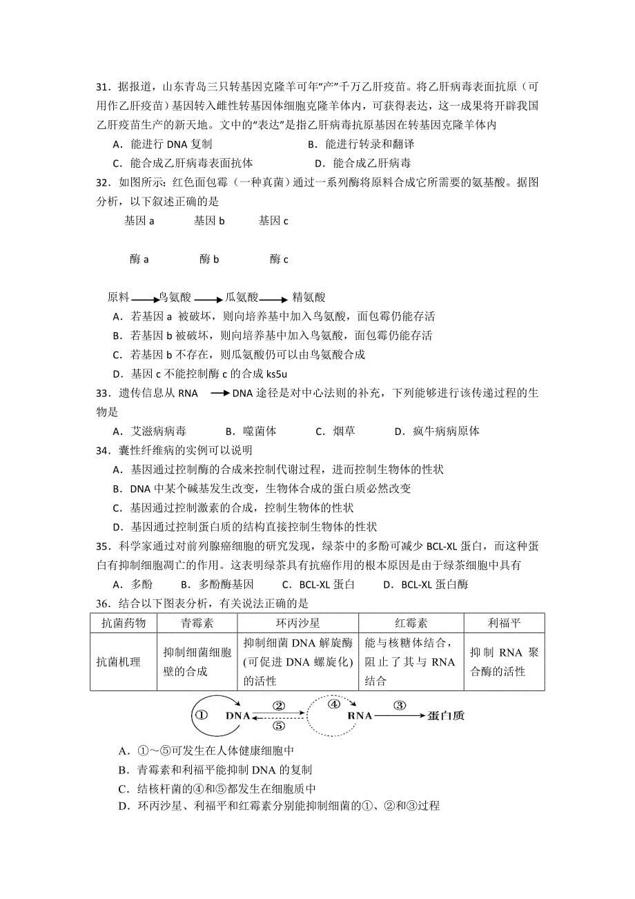 广东省2012-2013学年高一下学期期末生物试题 含答案_第5页