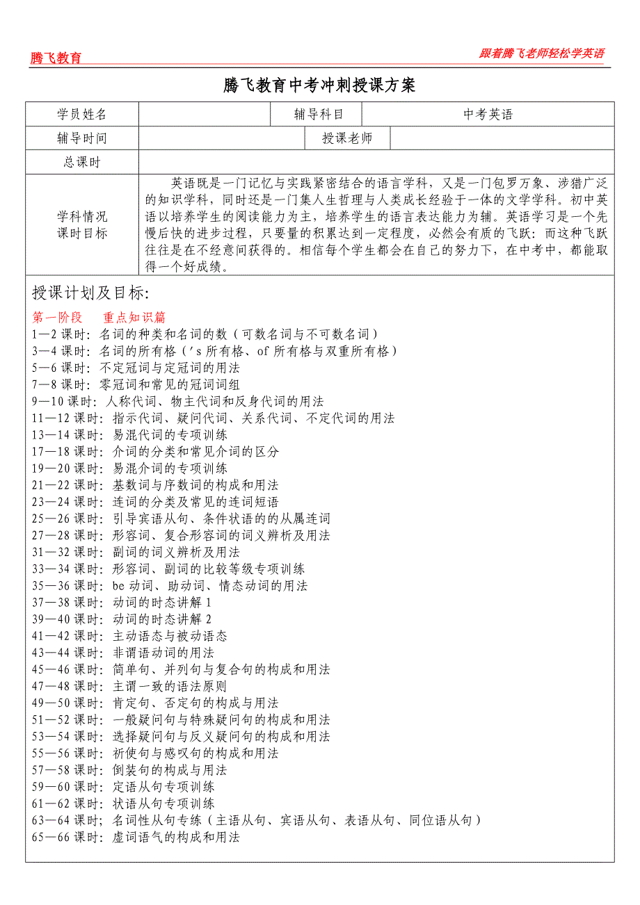 (优秀)腾飞教育中考冲刺授课方案_第1页