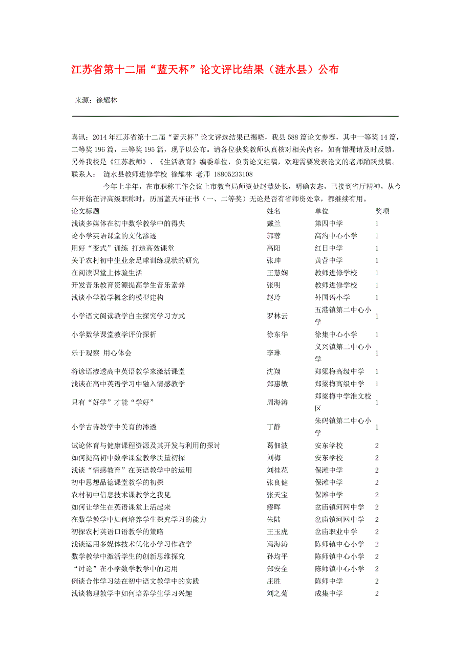 江苏省第十二届“蓝天杯”论文评比结果(涟水县)公布_第1页