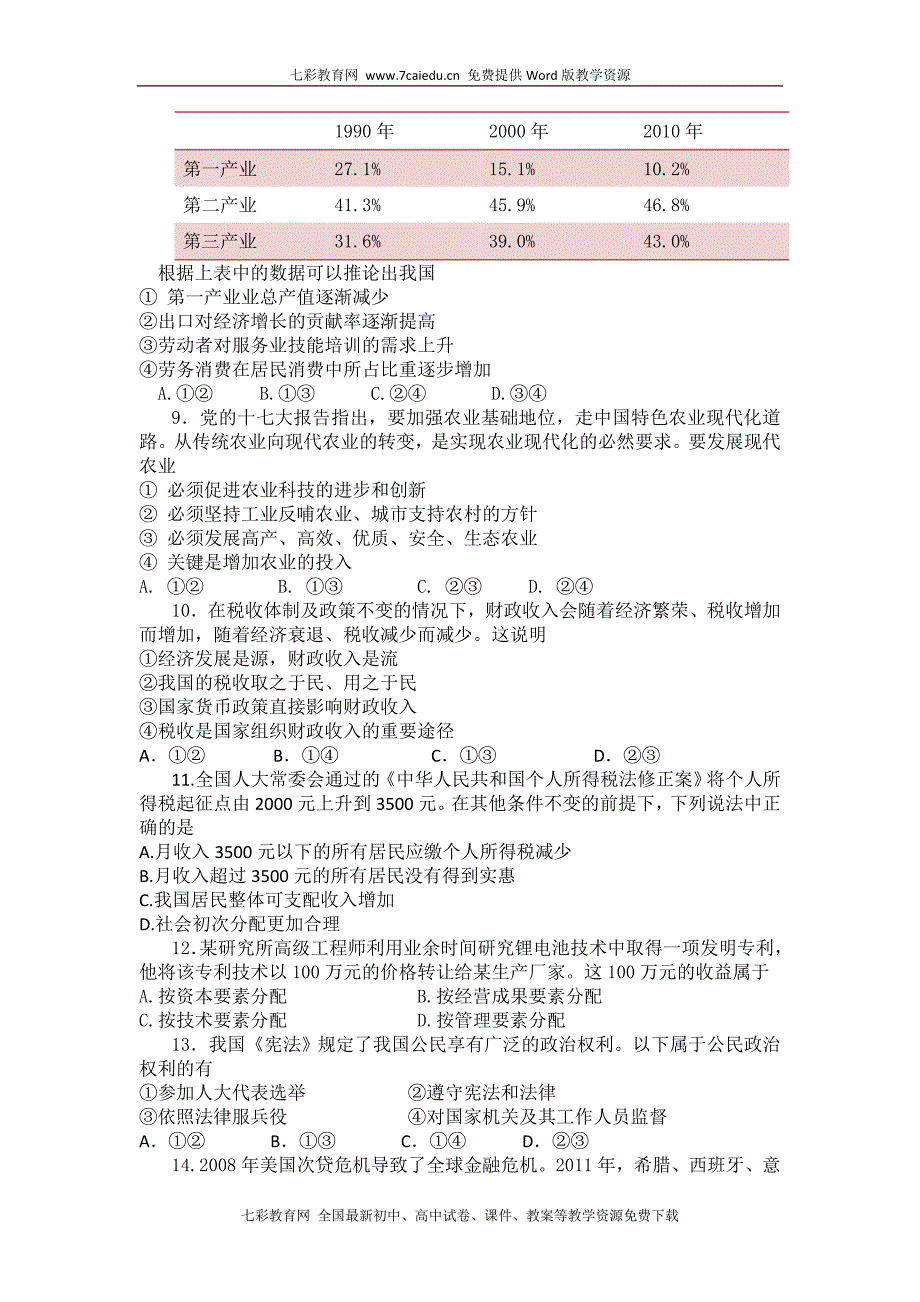 上海市徐汇区2012届高三上学期期末质量抽测(2012一模)政治_第2页