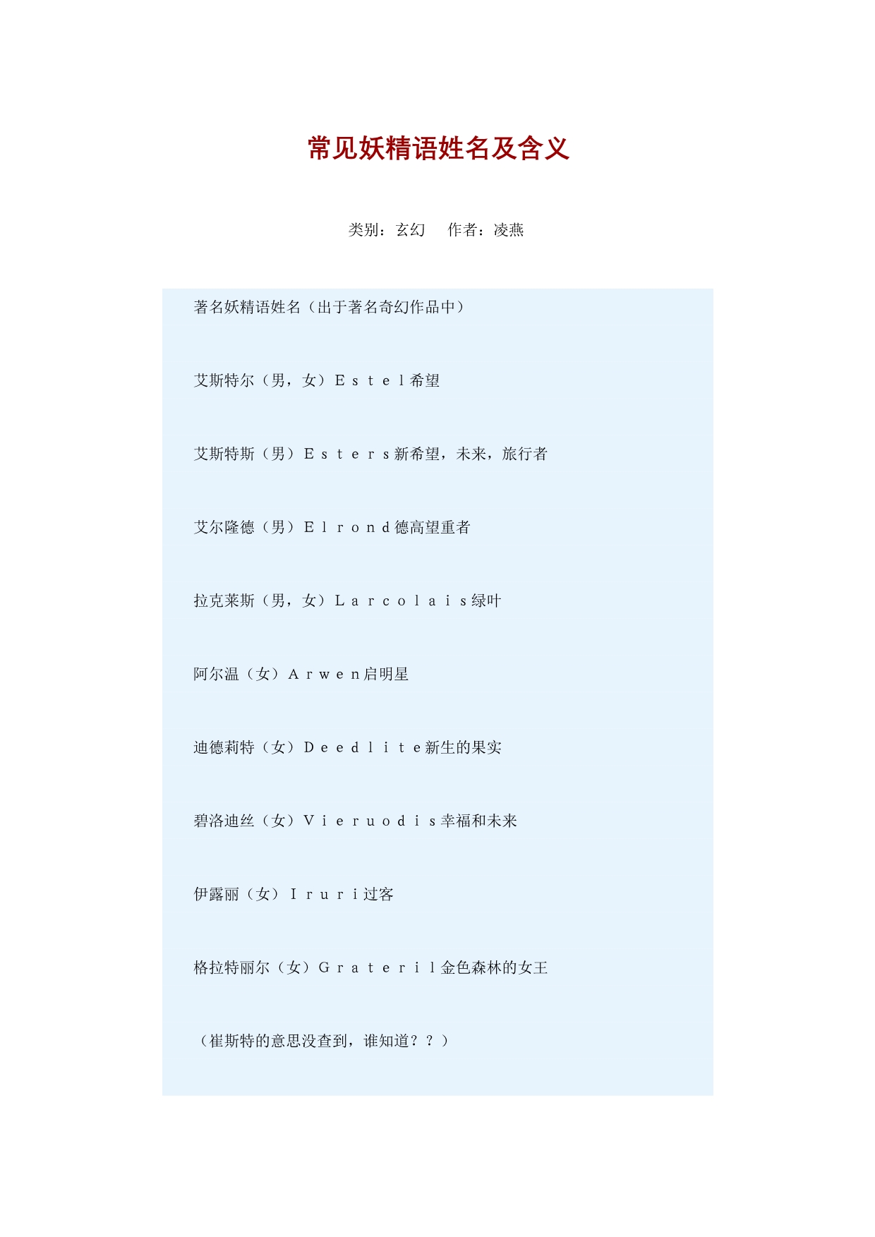 常见妖精语姓名及含义_第1页