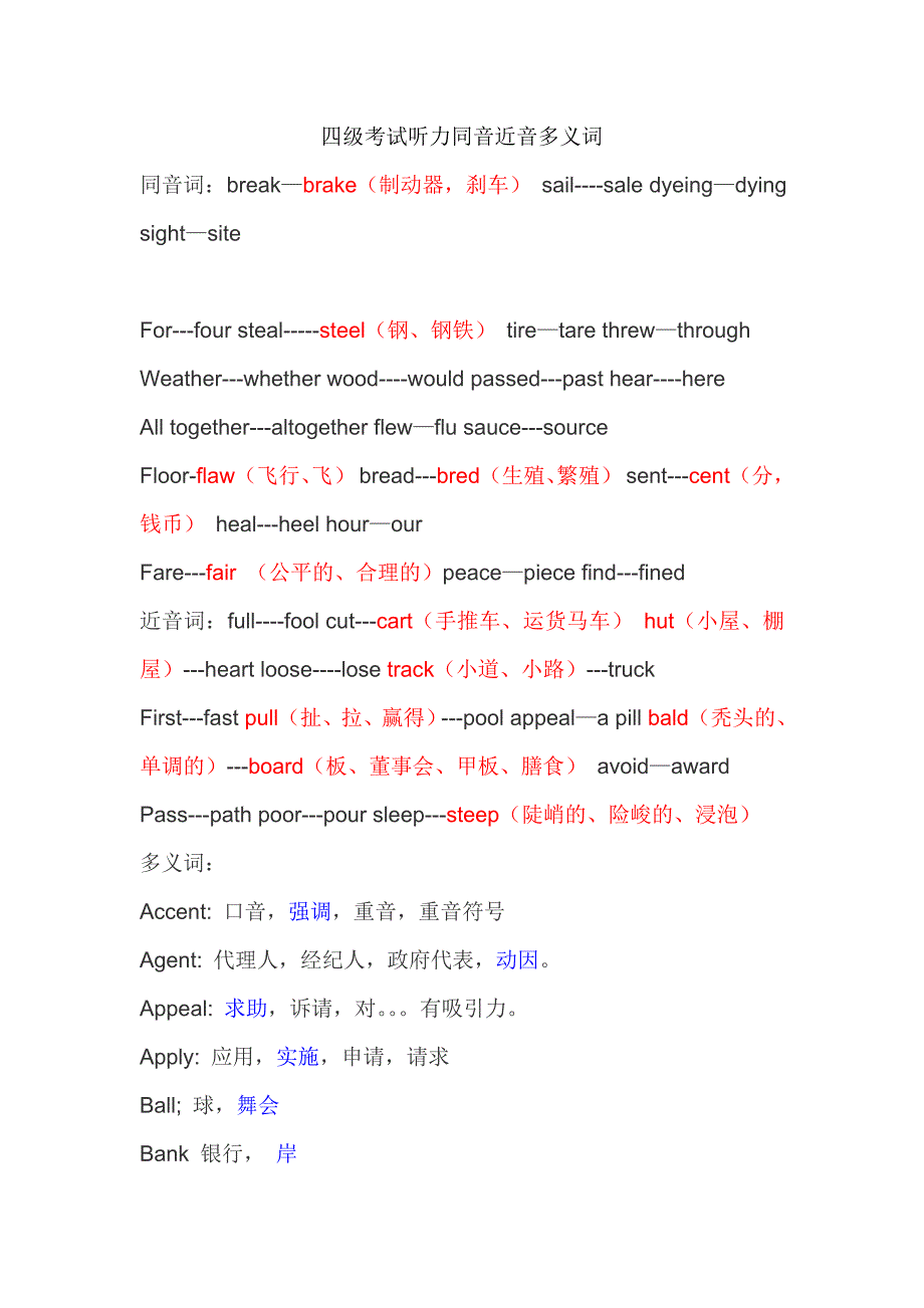 四级考试听力同音近音多义词_第1页