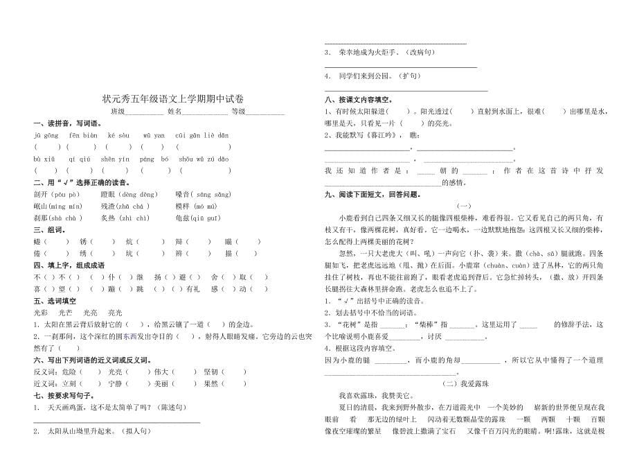 状元秀教育上学期五年级语文期中考试试卷_第5页