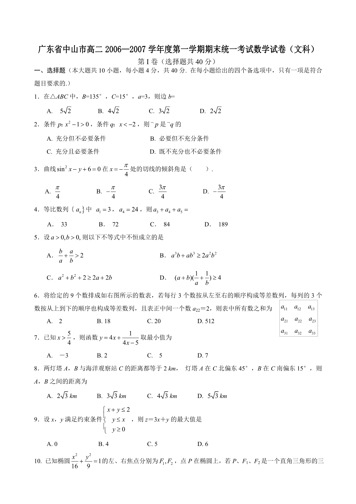 （试卷）广东省中山市高二2006—2007学年度第一学期期末统一考试数学试卷（文）_第1页