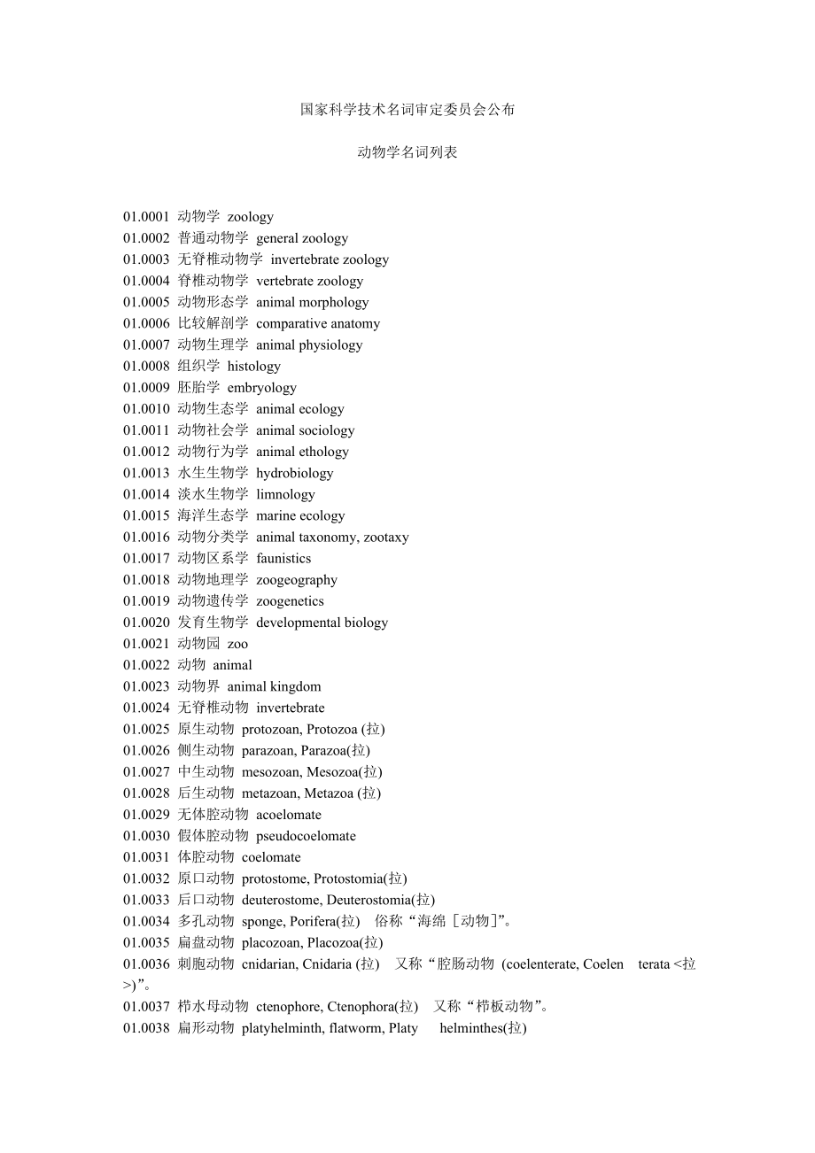 国家科学技术名词审定委员会公布动物学名词列表_第1页