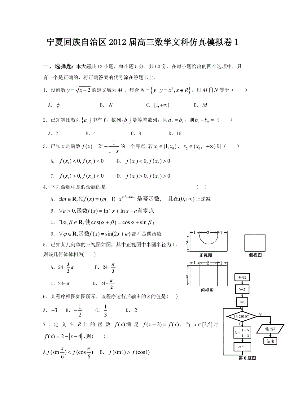 宁夏回族自治区2012届高三仿真模拟卷(1文数)_第1页