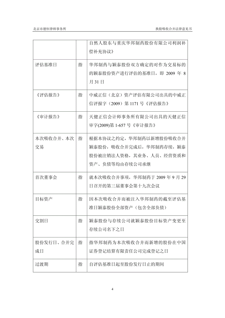 华邦制药：北京市德恒律师事务所关于公司换股吸收合并北京颖泰嘉和科技股份有限公司法律意见书 2010-01-07_第4页