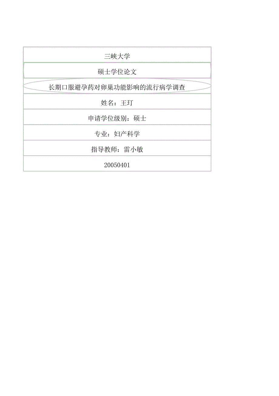 长期口服避孕药对卵巢功能影响的流行病学调查（毕业设计-妇产科学专业）_第1页