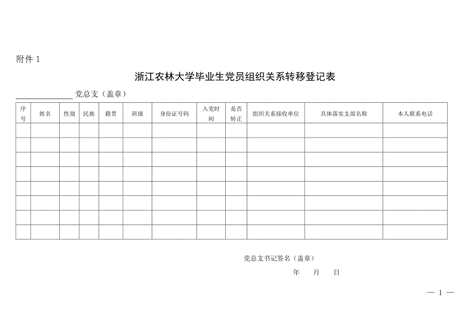 浙江农林大学毕业生党员组织关系转移登记表_第1页