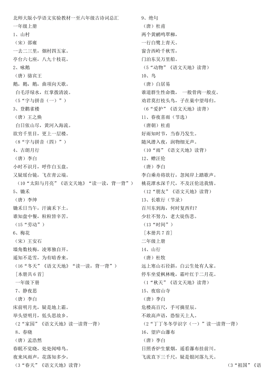 北师大版小学语文实验教材一至六年级古诗词总汇_第1页