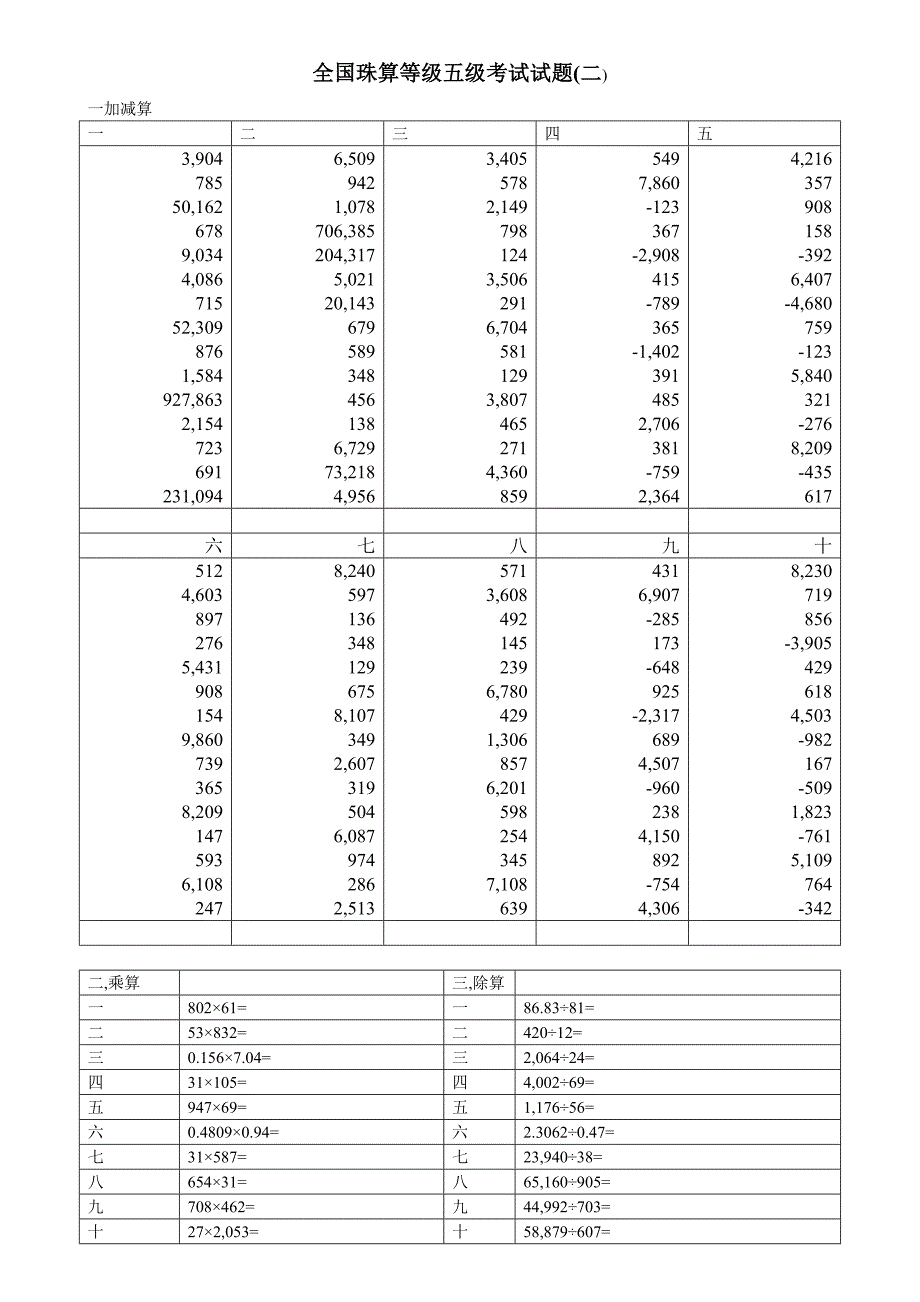 全国珠算等级五级考试试题_(整理后)_第2页