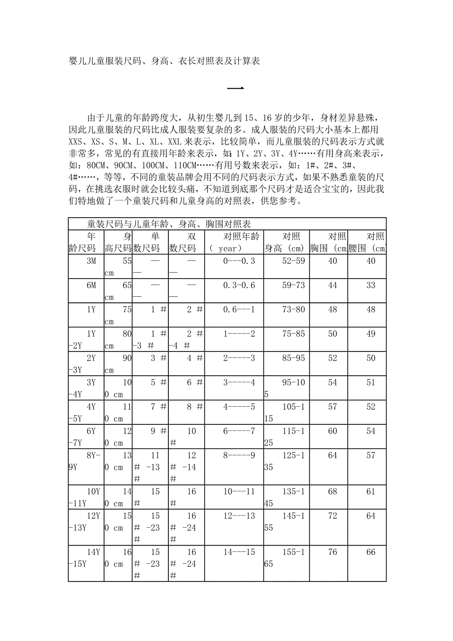 婴儿儿童服装尺码、身高、衣长对照表及计算表_第1页
