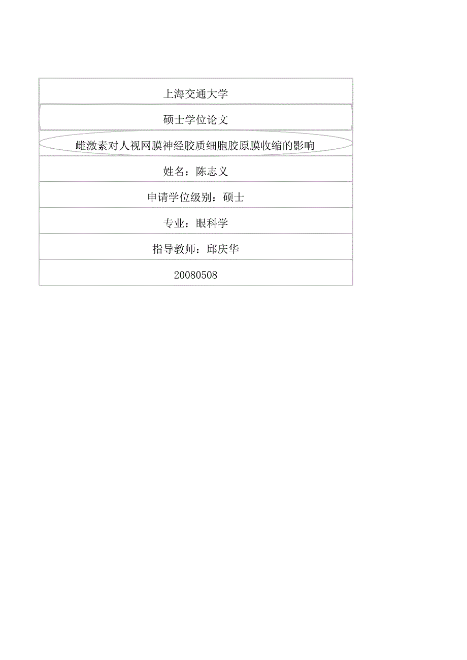 雌激素对人视网膜神经胶质细胞胶原膜收缩的影响（毕业设计-眼科学专业）_第1页