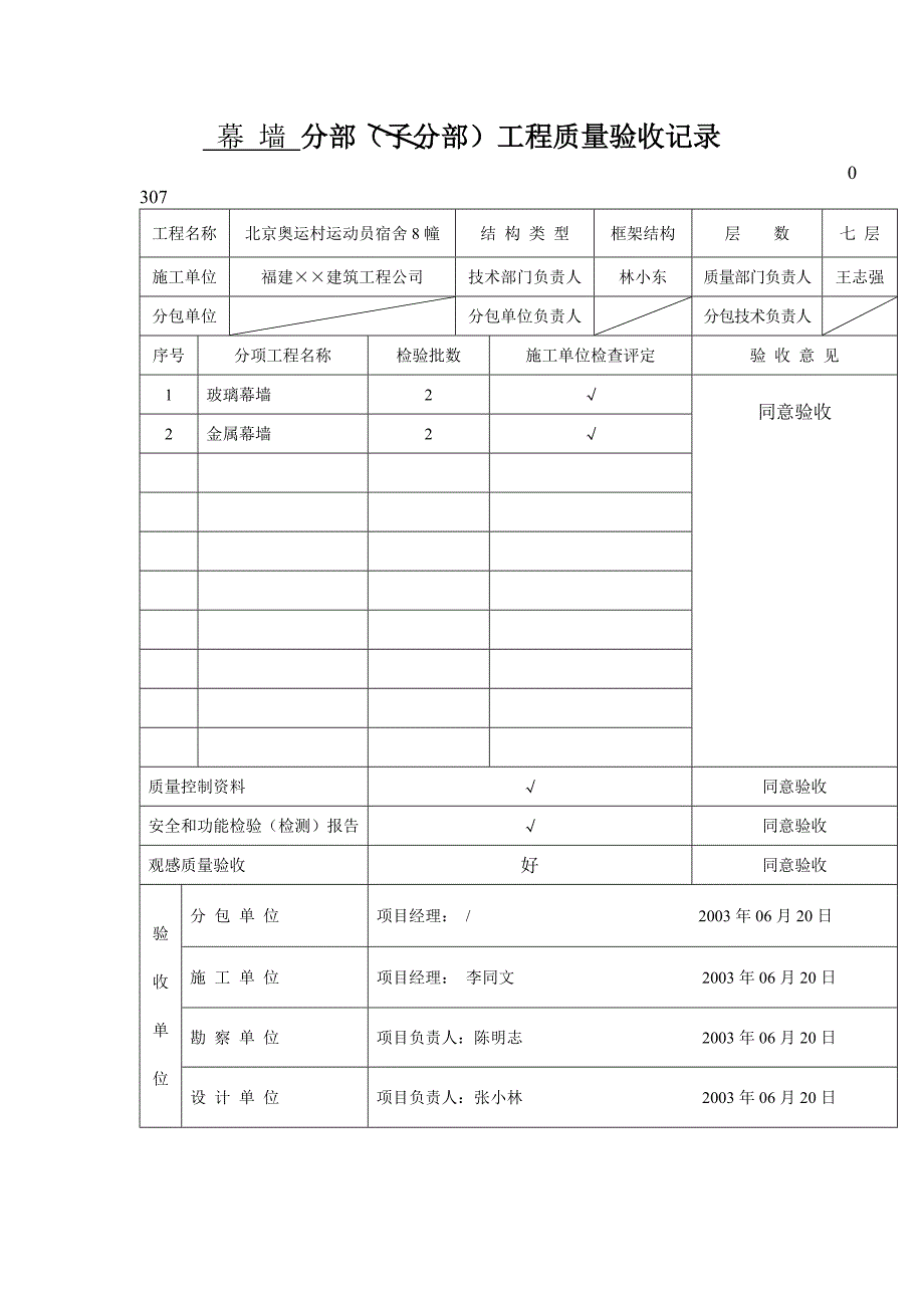 幕墙分部(子分部)工程质量验收记录文档_第1页