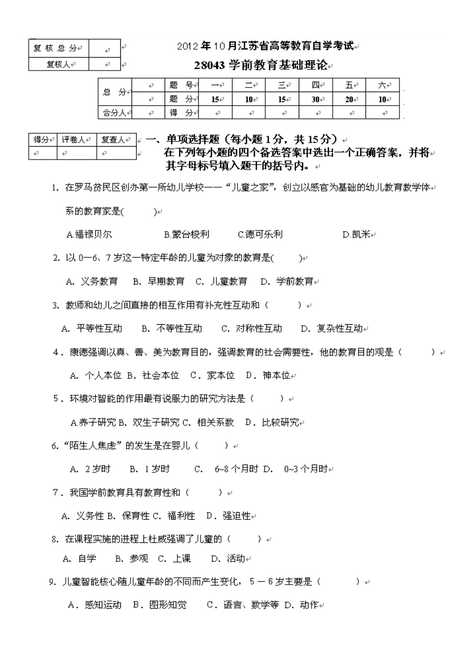 江苏省自考2012年10月《学前教育基础理论28043》试卷【真题】_第1页