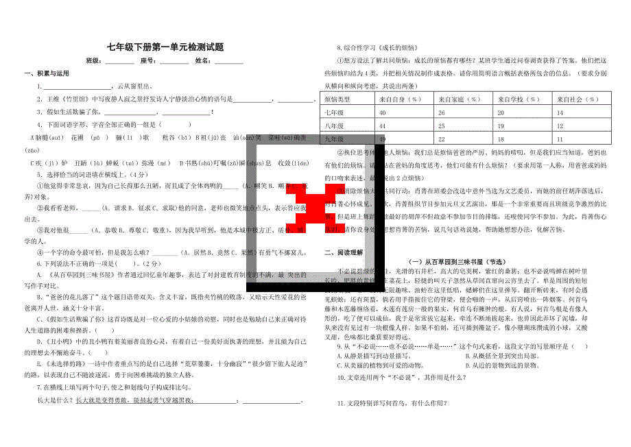 人教版七年级下册第一单元检测试卷_第1页