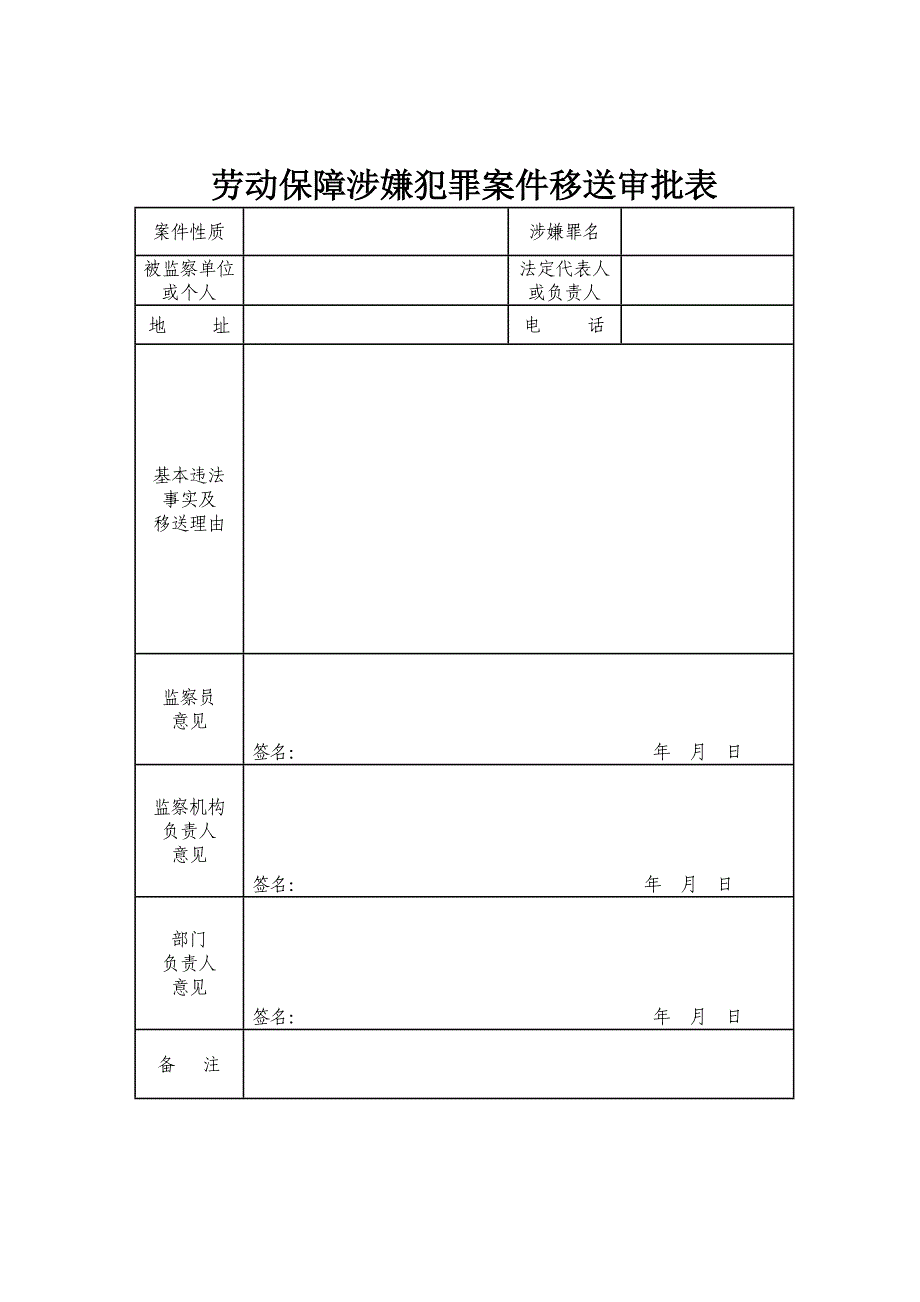 劳动保障监察移送涉嫌犯罪案件表格_第1页