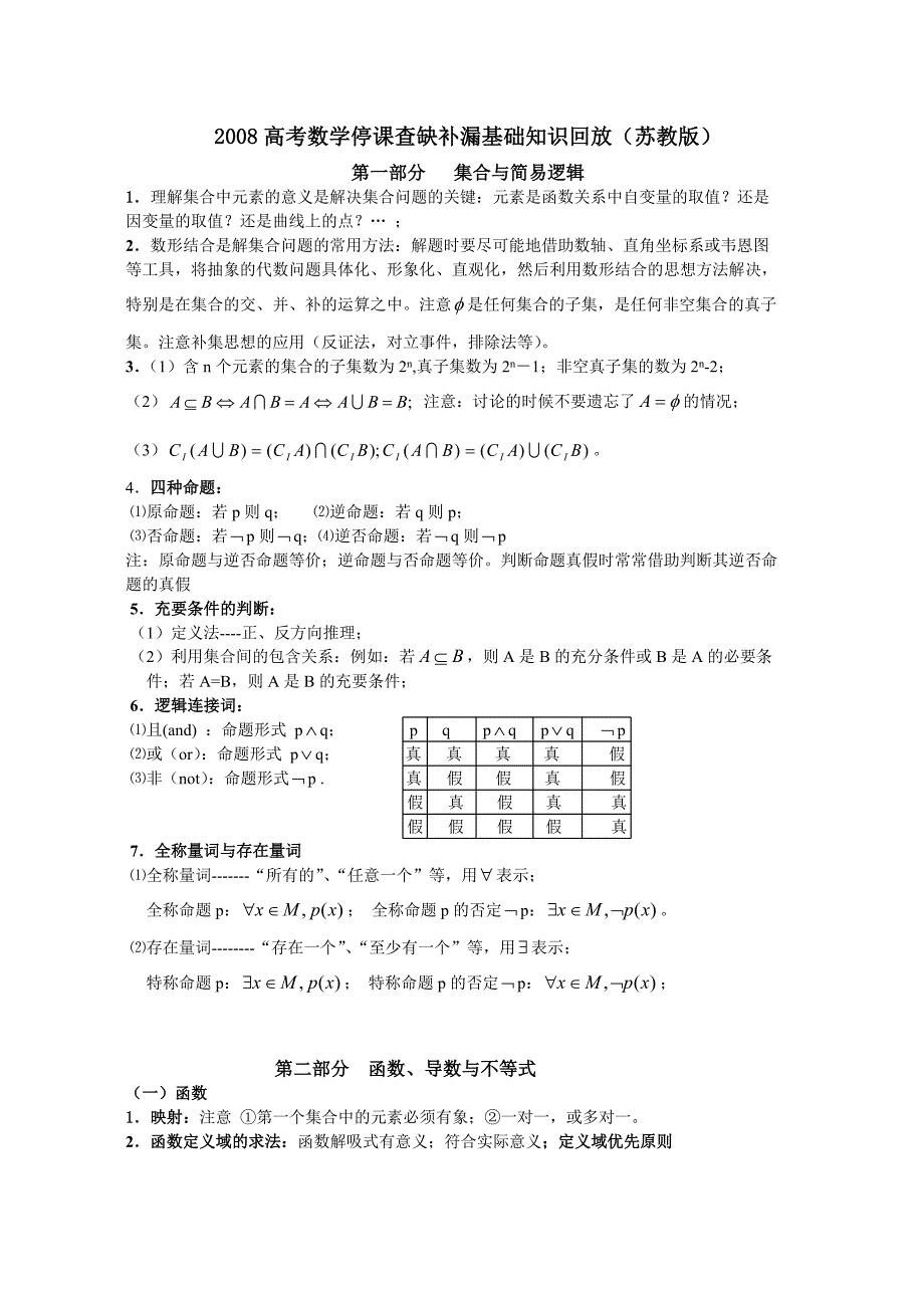 2008高考数学停课查缺补漏基础知识回放[1]._第1页