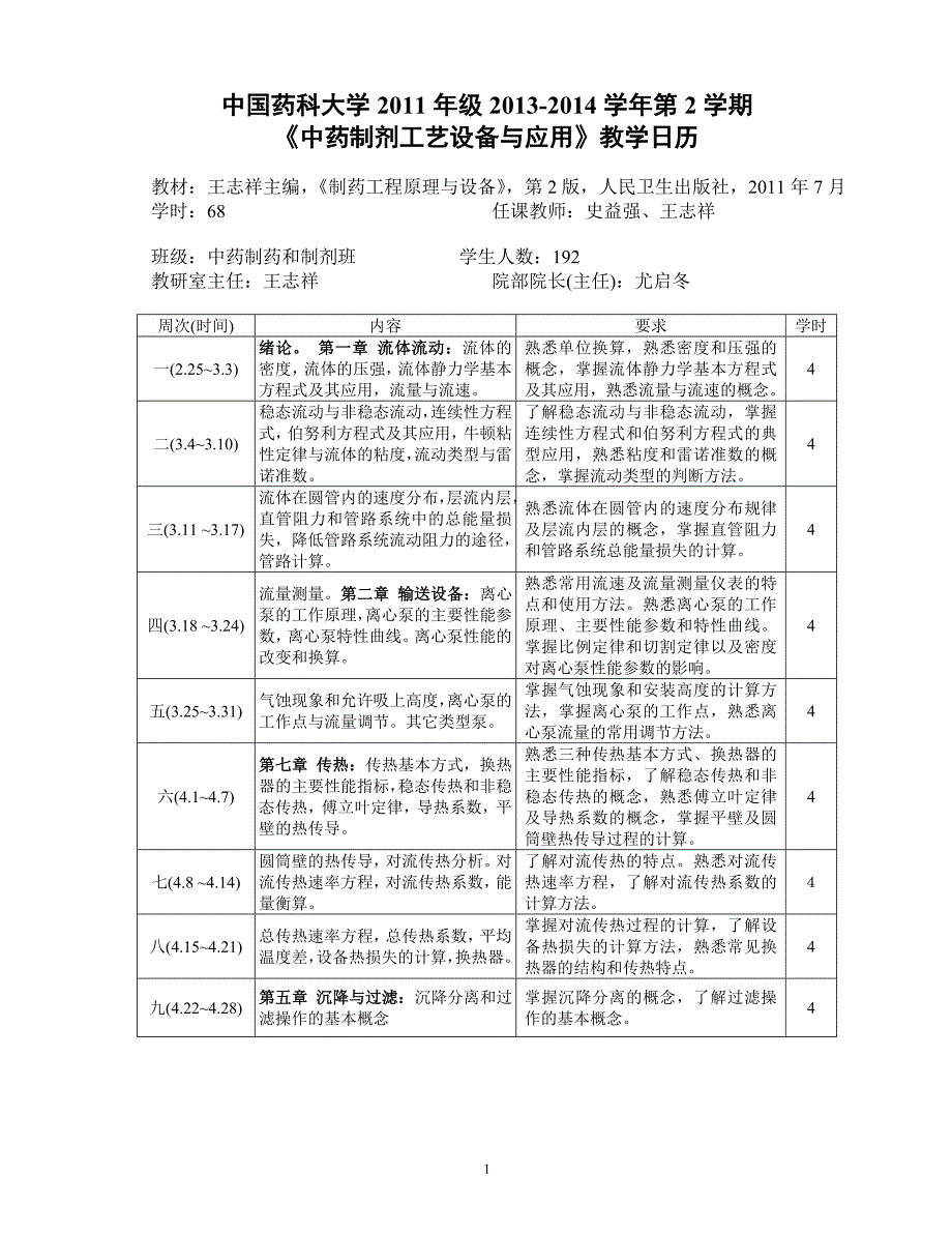 《中药制剂工艺设备与应用》教学日历_第1页