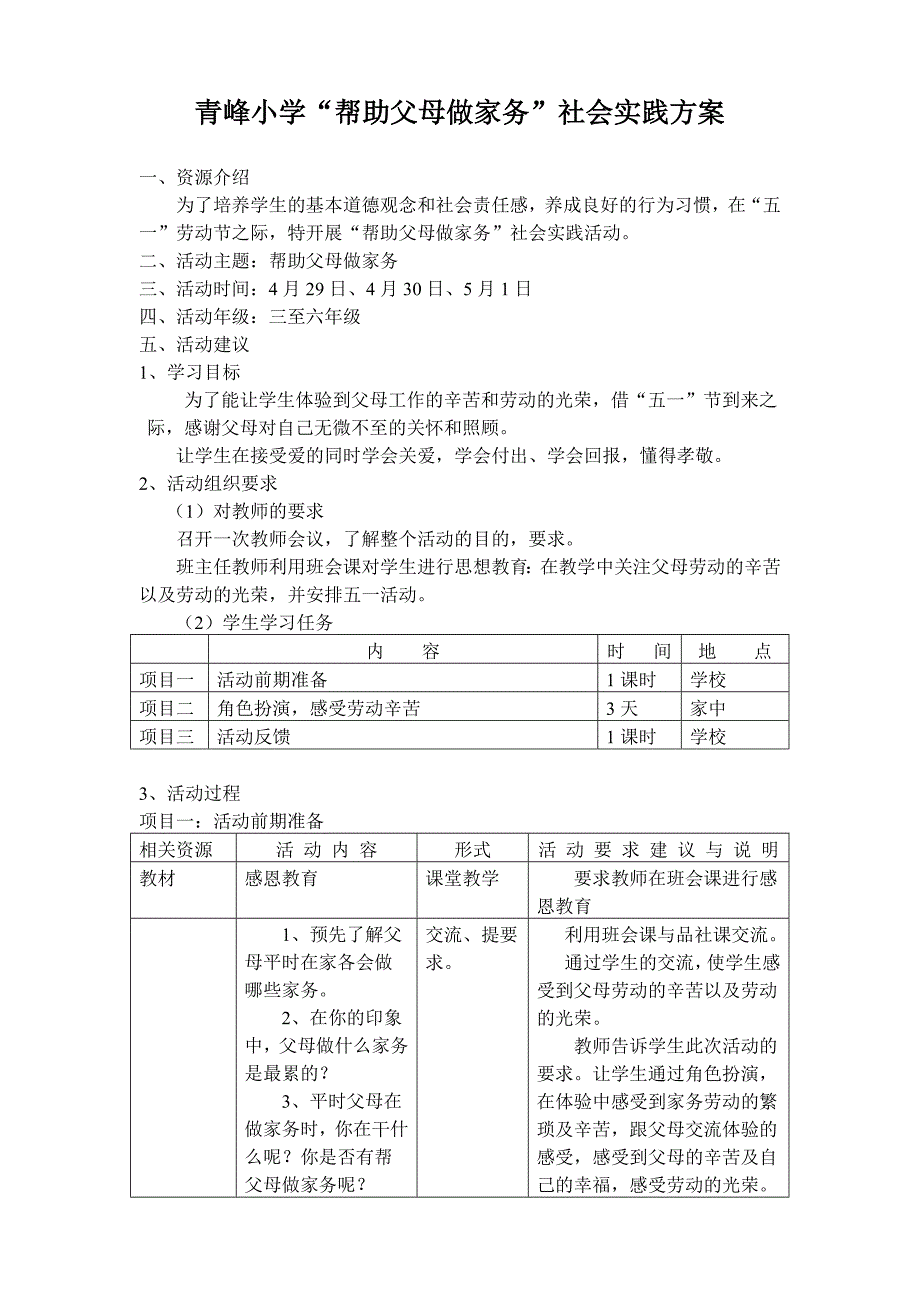 青峰小学“帮助父母作家务”社会实践活动的方案_第1页