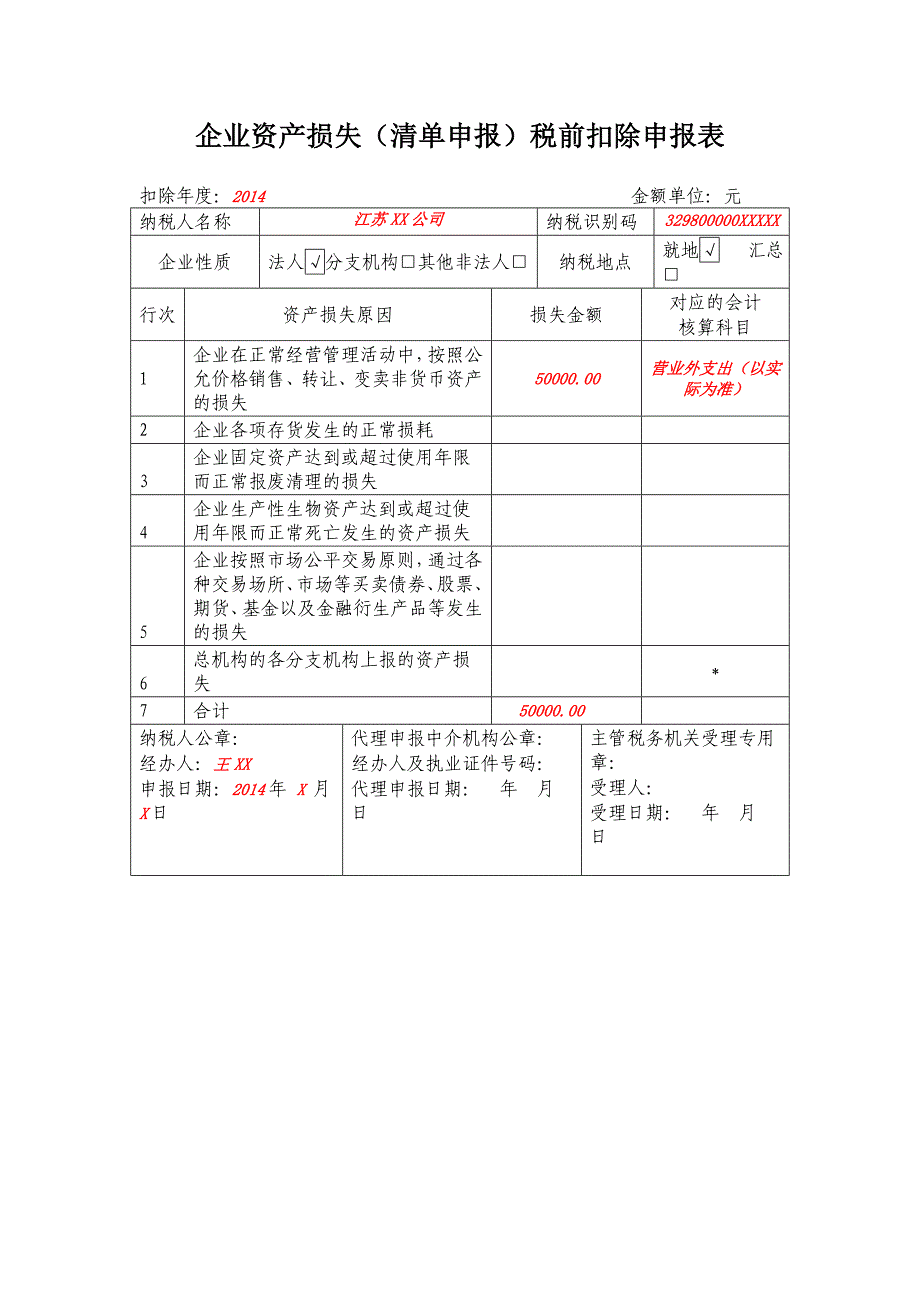 企业资产损失(清单申报)税前扣除申报表及填表说明(已填写)_第1页