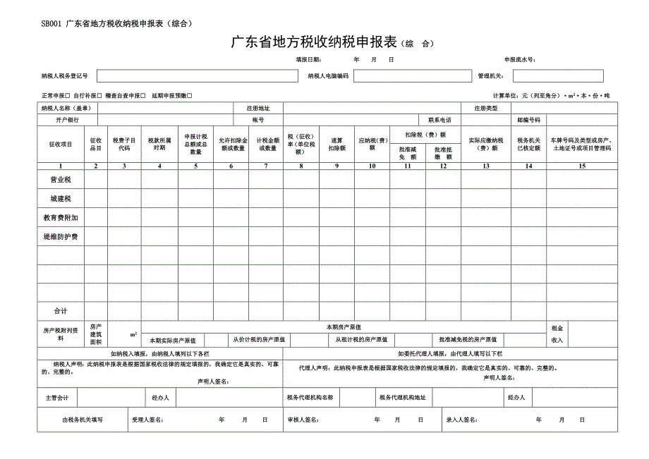 SB001广东省地方税收纳税申报表(综合)_第1页