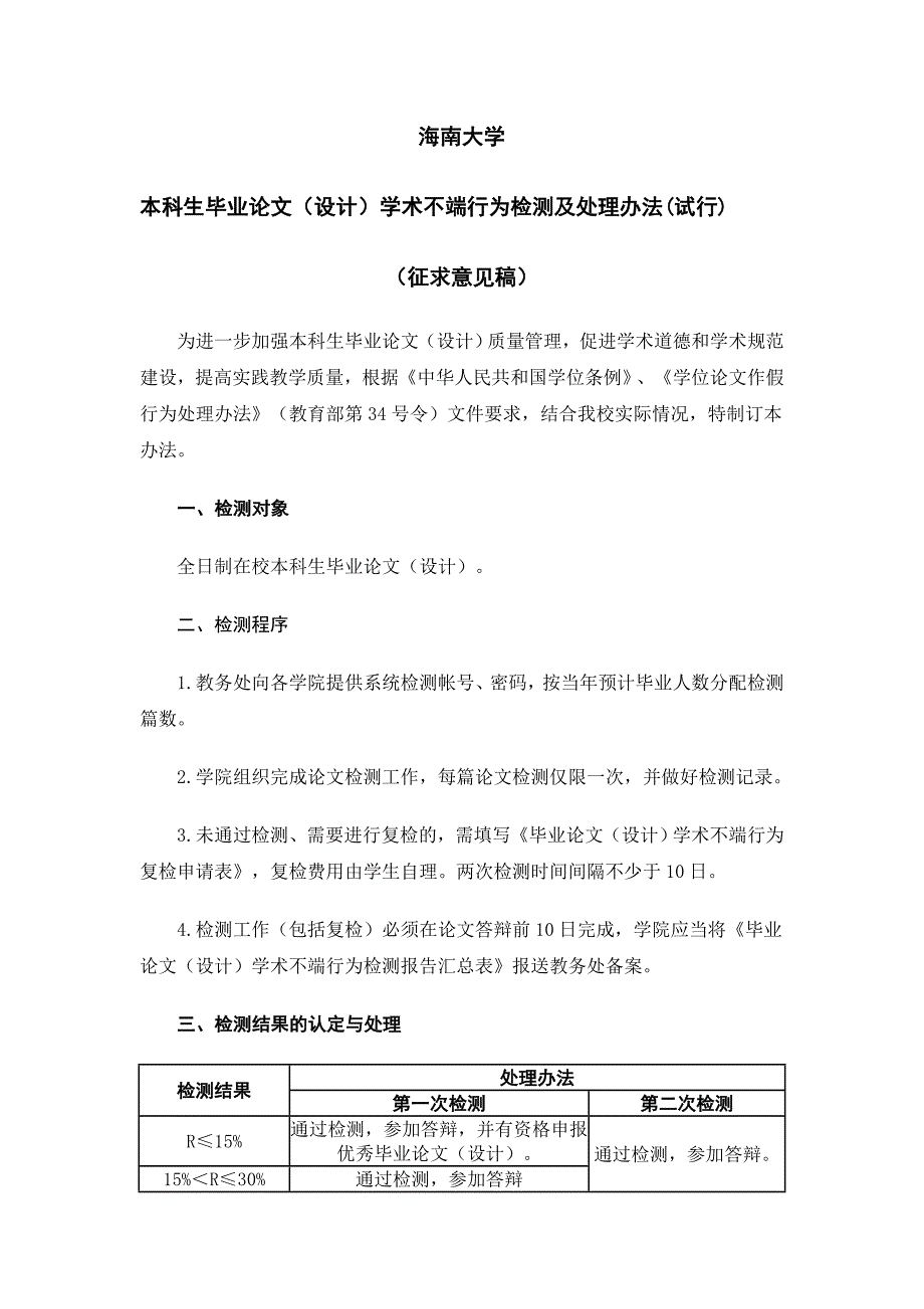 海南大学本科生毕业论文(设计)学术不端行为检测及处理办法(试行)_第1页