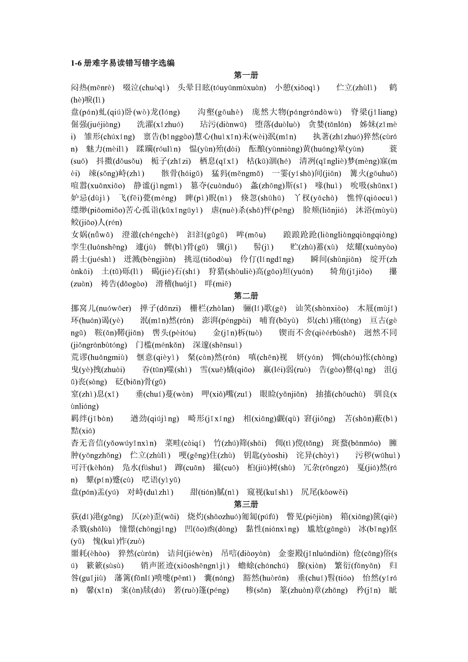 初中1-6册难字易读错写错字选编MicrosoftWord文档_第1页