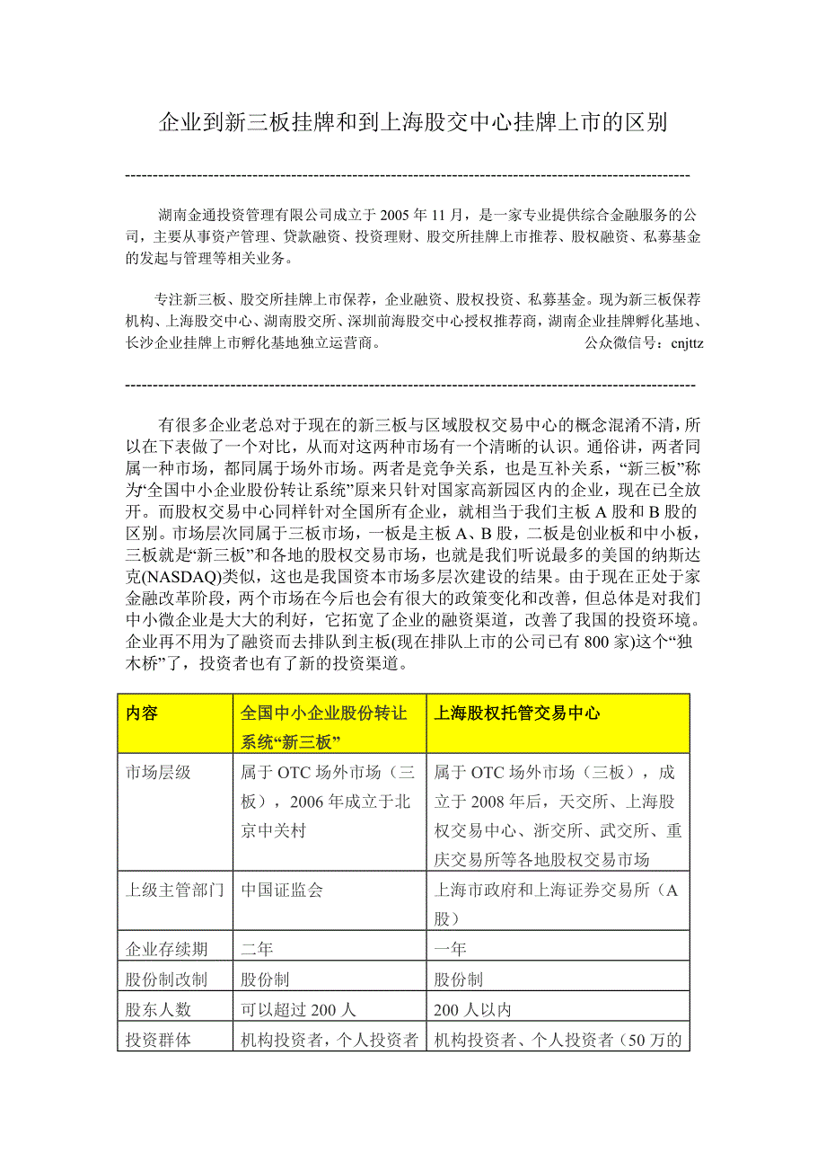 企业到新三板挂牌和到上海股交中心挂牌上市的区别_第1页