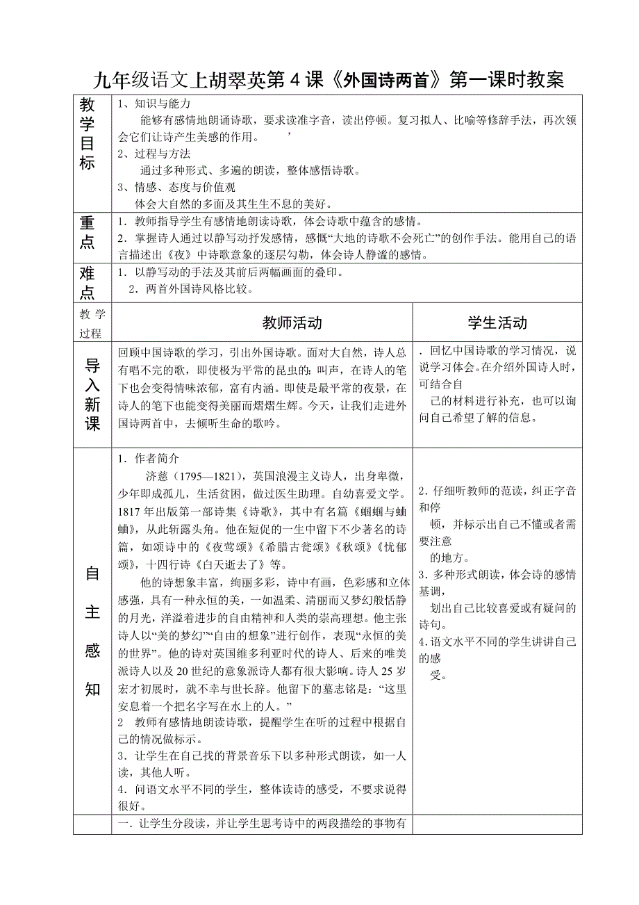 九年级语文上胡翠英第4课“外国诗两首”第一课时教案_第1页