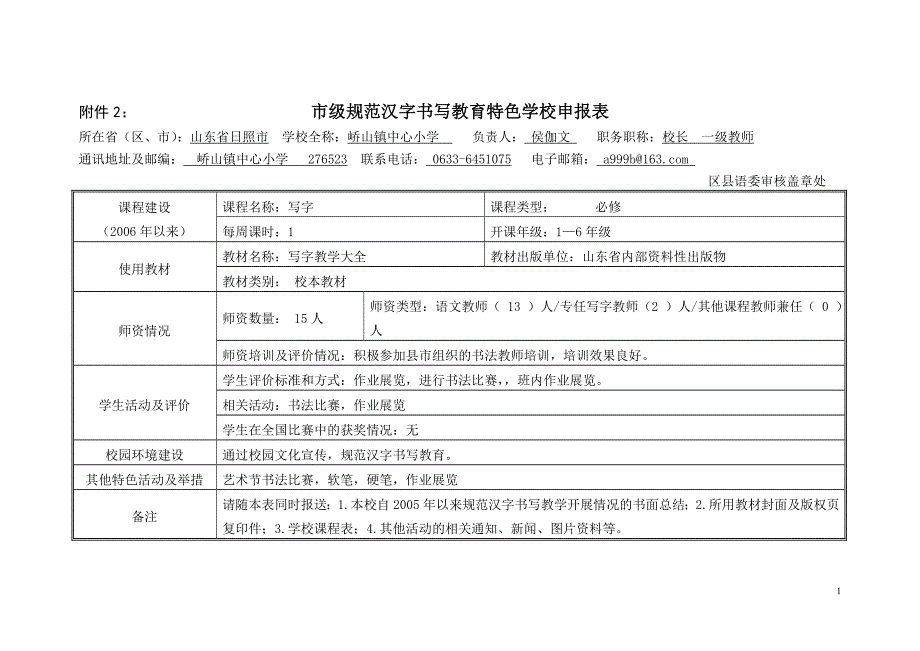 市级规范汉字书写教育特色学校申报表   峤山镇中心小学_第1页