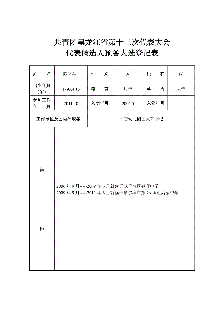 代表候选人预备人选登记表(样表)_第1页