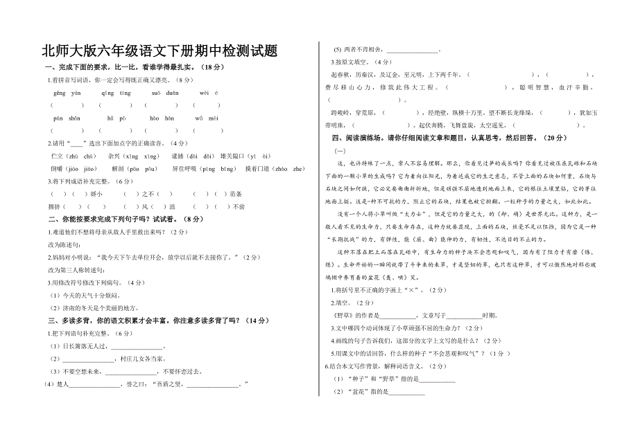 北师大版六年级语文下册期中检测试题_第1页