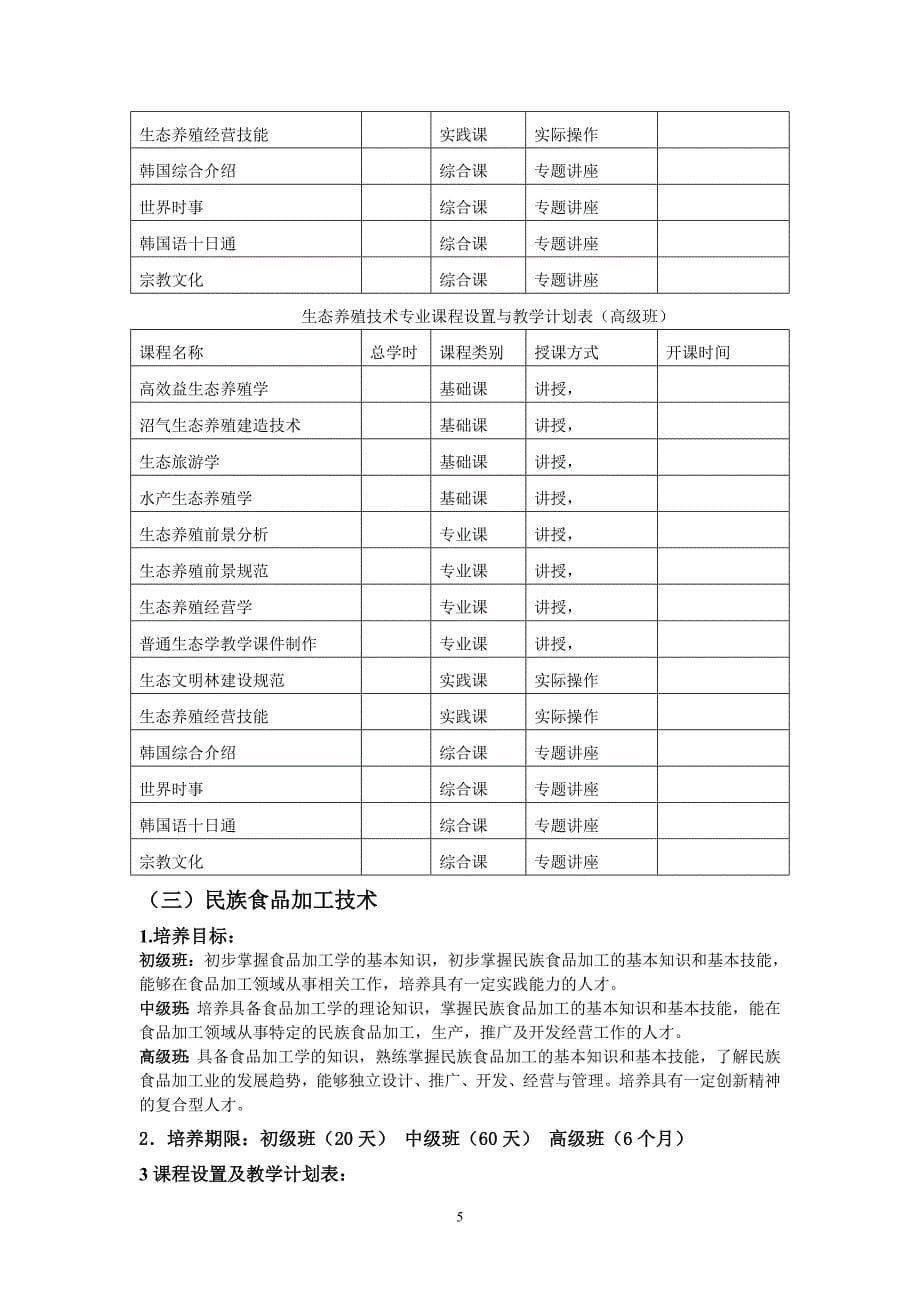 延边民俗职业技能培训学校培训教学计划_第5页